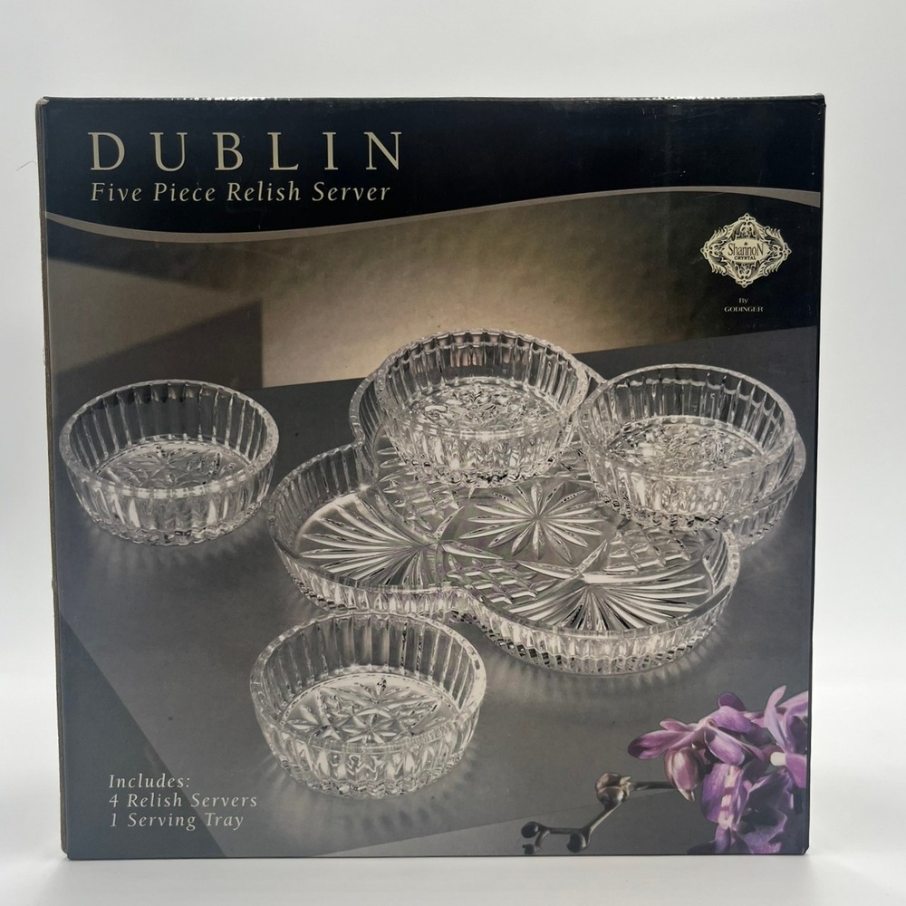 Dublin Crystal Five Piece Relish Server Tray with 4 Small Bowls‎